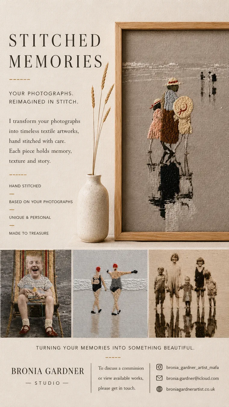 The printed Stitched Memories leaflet: the title, the line about photographs reimagined in stitch, a framed stitched beach scene, three smaller stitched pieces and Bronia's contact details.