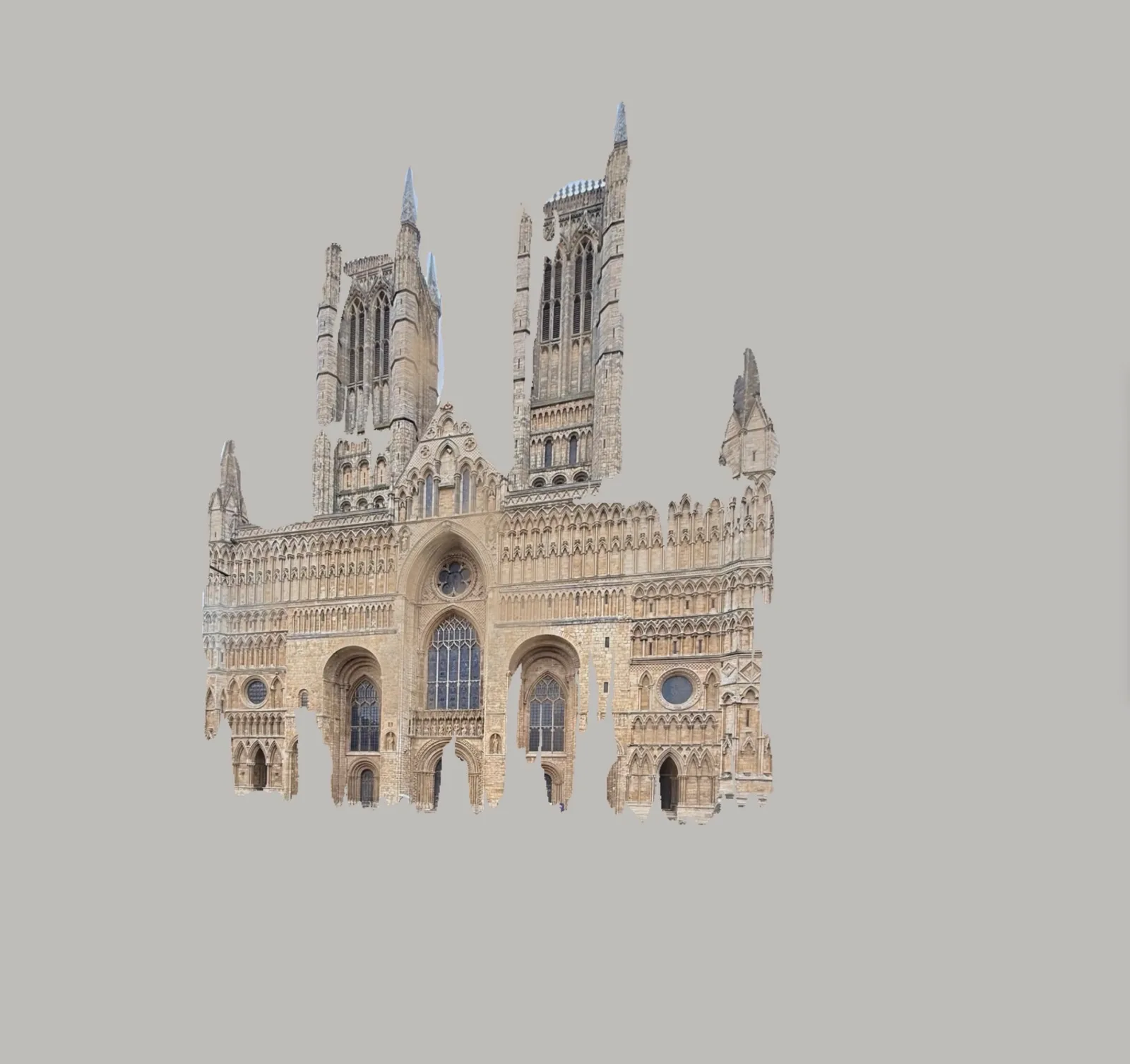The west front of Lincoln Cathedral in pale honey stone, its towers and arcading intact at the centre while the edges break away into bare grey ground.
