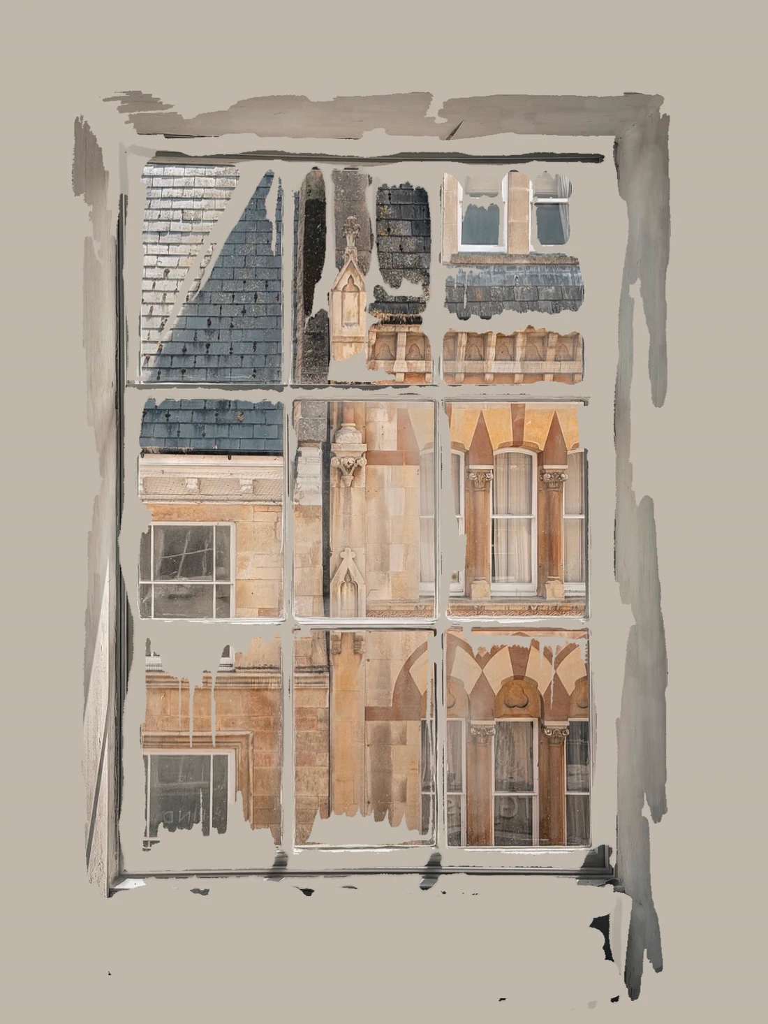 A window and the architecture around it, parts sharply present and parts dissolving into drips and bare ground.