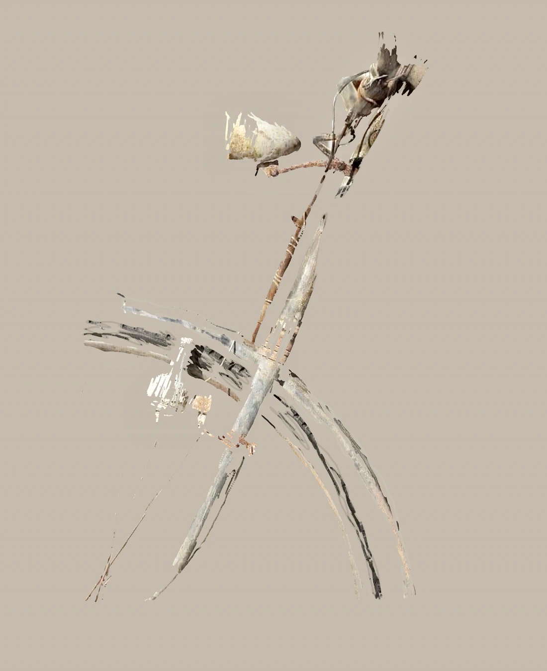 Pale fragmentary forms on a warm putty ground: a dark bird-like shape and a cream bloom held on a slender stem, with sweeping curved lines below.