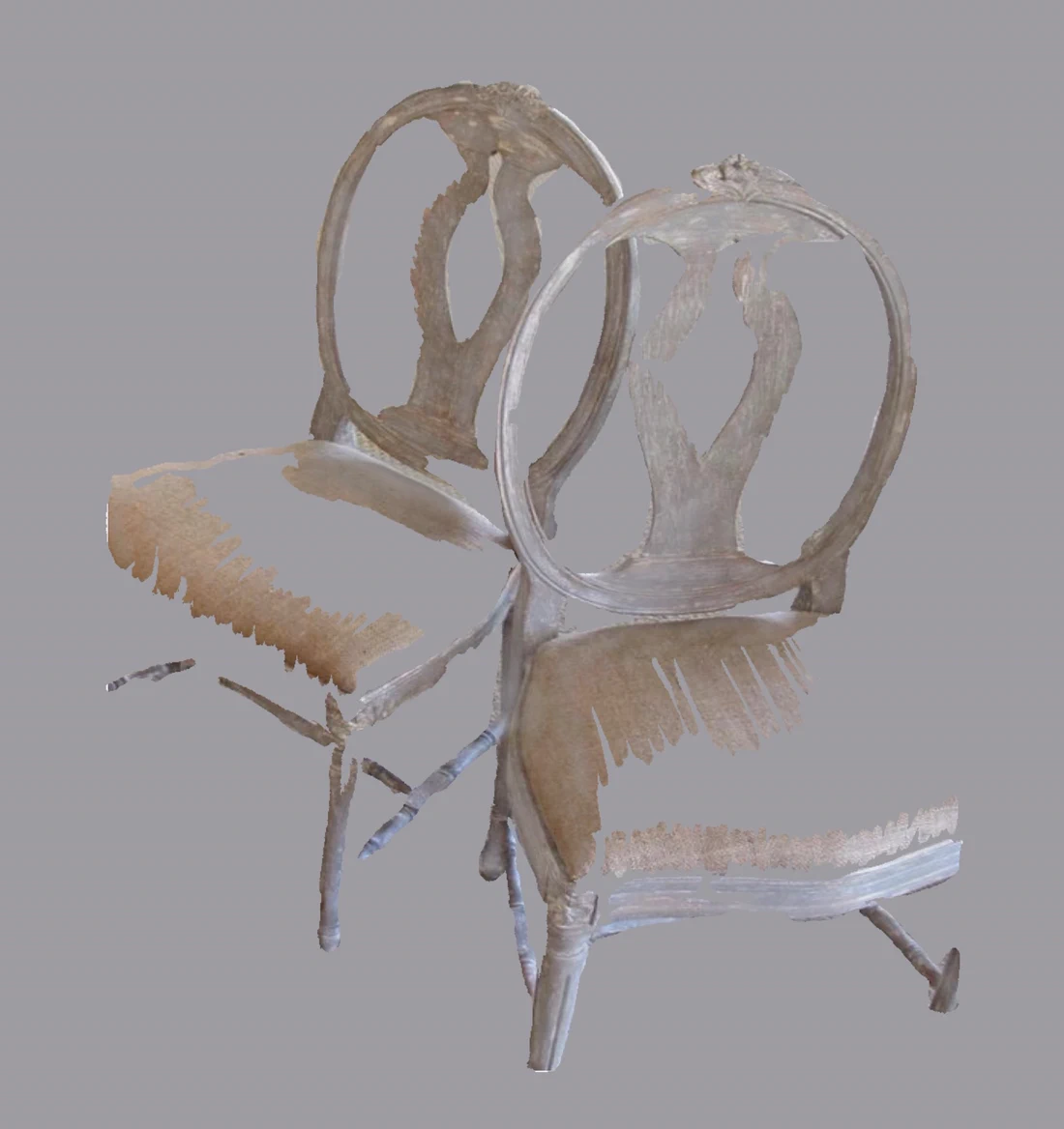 Two chairs with round spindle backs, worn and partly erased, their outlines breaking up against a pale ground.