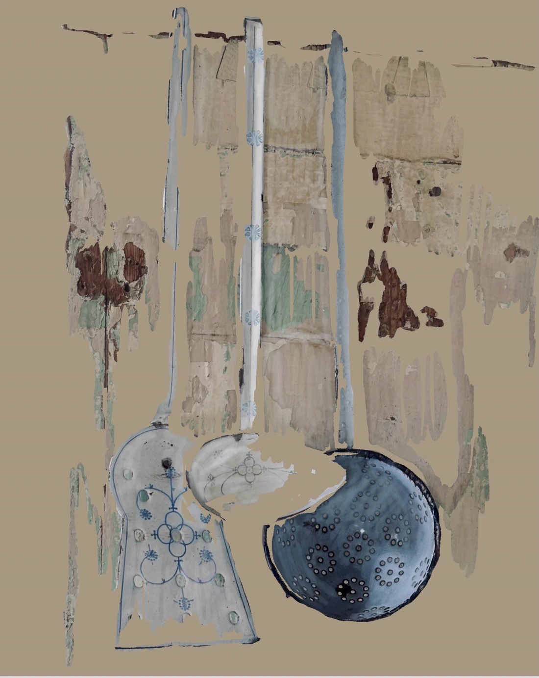 Fragments of peeling wallpaper in cream and pale green, with a broken blue-and-white ceramic jug and a colander, floating on a warm putty ground.
