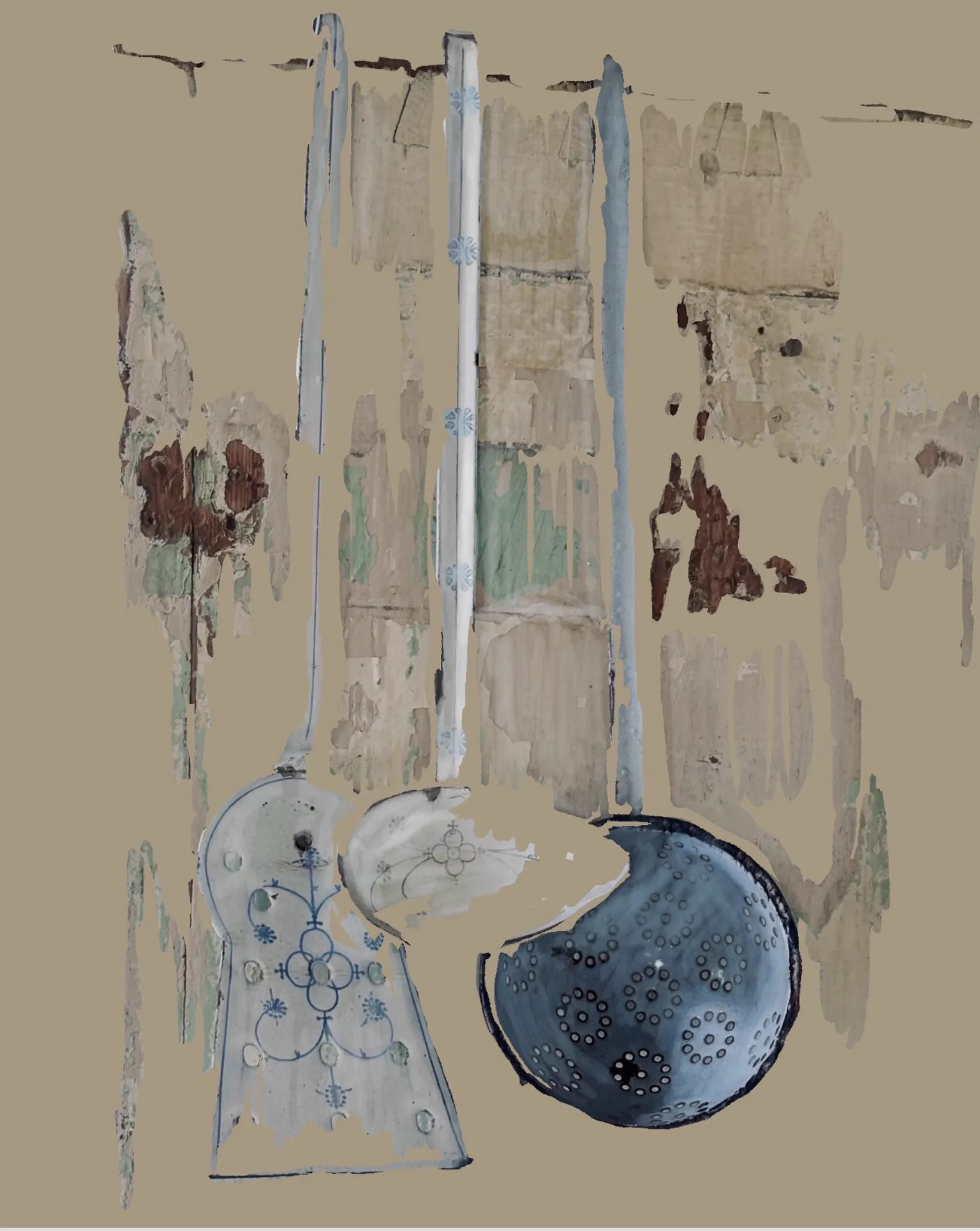 Fragments of peeling wallpaper in cream and pale green, with a broken blue-and-white ceramic jug and a colander, floating on a warm putty ground.