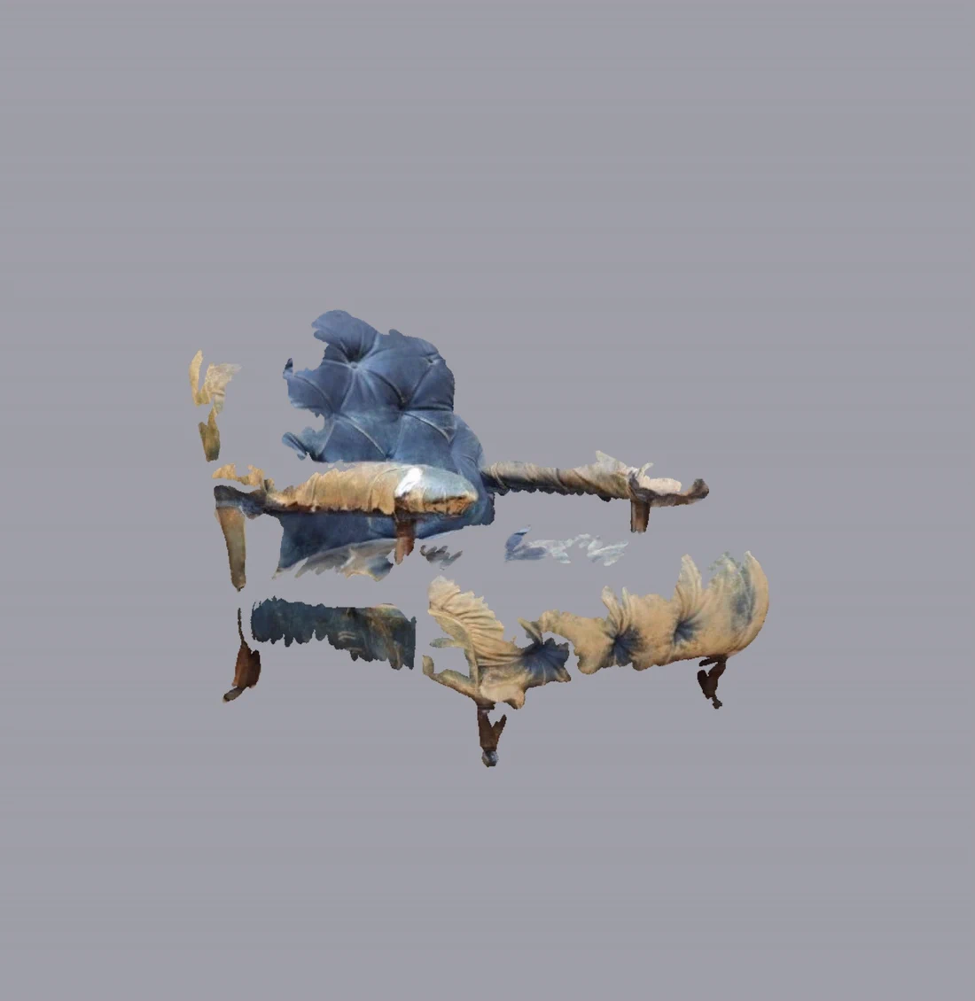 A fragmented painting of two upholstered chairs. Parts of the blue buttoned back and the worn seats remain; the rest dissolves into a flat grey-lilac ground.