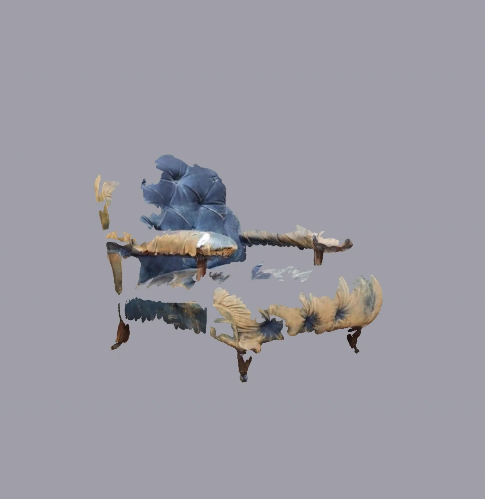 A fragmented painting of two upholstered chairs. Parts of the blue buttoned back and the worn seats remain; the rest dissolves into a flat grey-lilac ground.